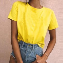 100% coton jaune couleur unie t-shirt femmes chat t-shirt blanc t-shirt hauts femmes personnalisé en gros livraison directe vêtements 210330