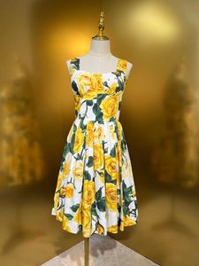 Robe d'été 100% coton avec imprimé de fleurs de Rose jaune, Camisole de fête pour femmes, élégante, amincissante