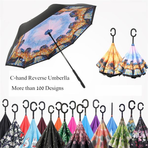 100 modèles Nouveaux parapluies inversés C-Hand Parapluie inversé double couche coupe-vent à l'envers Parapluie coupe-vent autoportant en stock