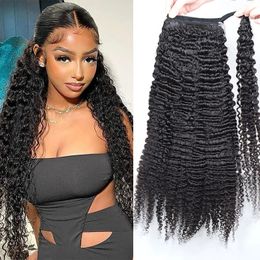 Extensión rizada de cola de caballo de cabello humano con cordón 100% para mujeres, 100 g, 10-30 "de largo, negro natural, rizado profundo, rizado, cola de caballo recta, postizo con clips