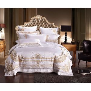 100% algodón egipcio Conjuntos de ropa de cama de lujo blanco King Queen Size Bordado Juego de cama Palace Royal Bed Funda nórdica Juego de sábanas LJ200818