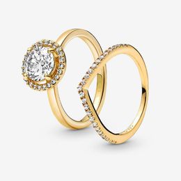 100% europeo 925 plata esterlina Halo de oro espumoso conjunto de anillos de espoleta para mujeres anillos de boda accesorios de joyería de moda 3126