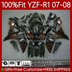 100% Fit Carénages OEM pour YAMAHA YZF-R1 YZF R 1 1000 CC YZFR1 07 08 Carrosserie MOTO 91No.65 YZF R1 1000CC YZF1000 2007 2008 YZF-1000 2007-2008 Corps de moule de flammes orange d'injection