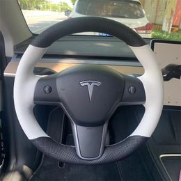 100% geschikt voor Tesla Model 3 2015-2021 Model Y 2019-2021 AUTO-interieur Diy Handstikte Zwart Wit echt leerleren niet-slip Wear-resistente auto-stuurwielafdekking