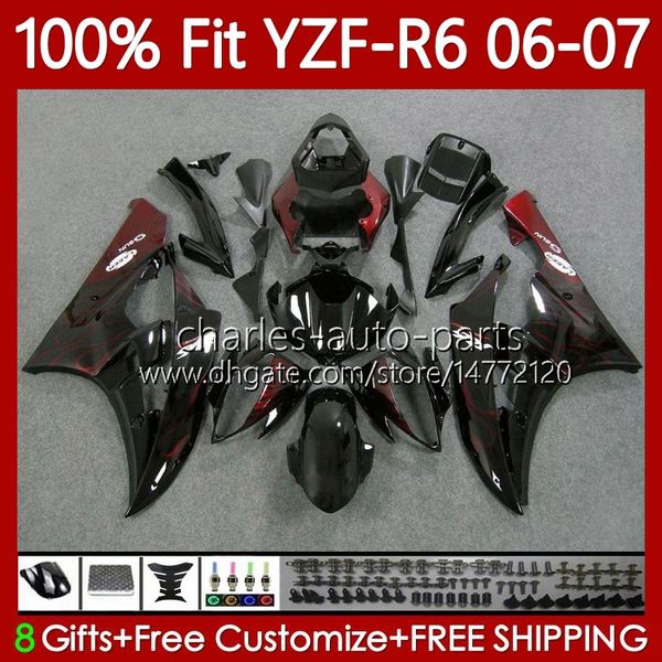 100% Fit OEM Carrosserie pour YAMAHA MOTO YZF-R6 YZF600 YZF R 6 600 CC 2006-2007 Corps 98No.44 YZF R6 600CC Flammes rouges YZFR6 06 07 YZF-600 2006 2007 Kit de carénage de moule d'injection