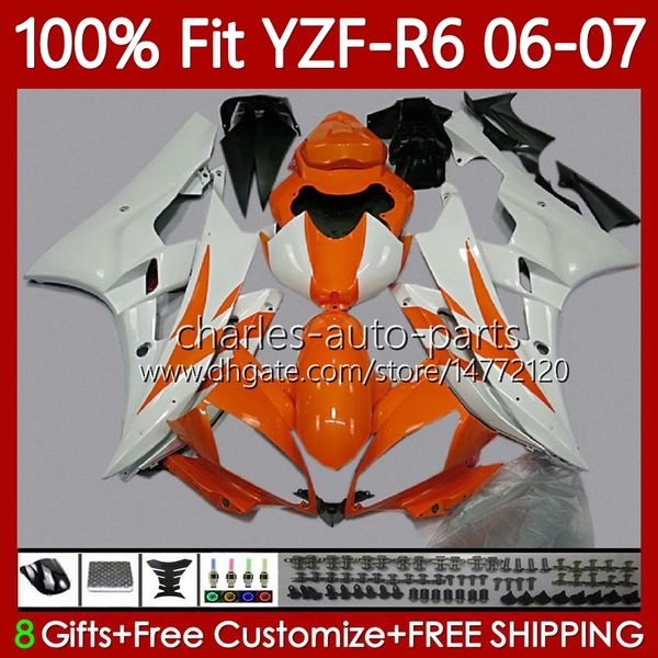 Carénages OEM 100% adaptés pour YAMAHA YZF-R6 YZF R 6 600 CC YZF600 YZFR6 06 07 Carrosserie MOTO 98No.85 YZF R6 Orange blanc 600CC 2006 2007 YZF-600 2006-2007 Kit de carrosserie moulé par injection