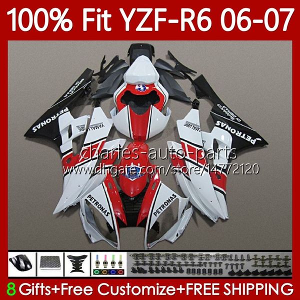 100% Fit OEM Carénages pour YAMAHA YZF-R6 YZF R 6 600 CC YZF600 YZFR6 06 07 MOTO Carrosserie 98No.82 YZF R6 600CC Blanc rouge blk 2006 2007 YZF-600 2006-2007 Kit de carrosserie de moulage par injection