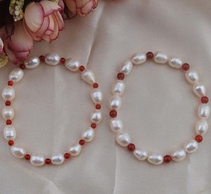 Bracelet de perles d'eau douce 100%, brins de perles, agate rouge blanche, 7-8mm, élastique extensible, bijoux de mode de mariage