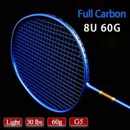 100% Fibre complet en fibre de carbone Ultrallight 8U 60G Badminton Raquettes avec des bandes de sacs 22-30lbs G5 Sports de raquette professionnelle pour adulte 240527