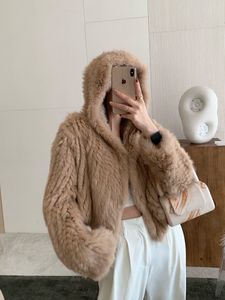 100% manteau de fourrure femmes mode coréenne hiver cheveux de lapin naturel tissé à la main veste à capuche femme paresseux lâche court blanc Ropa