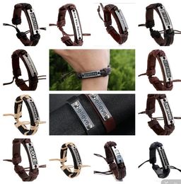 100% véritable bracelet en peau de vache hommes femme silence croire pardonné Êtes-vous prêt foi espoir sans peur paix amour corde bracelet réglable 12pcs / lot