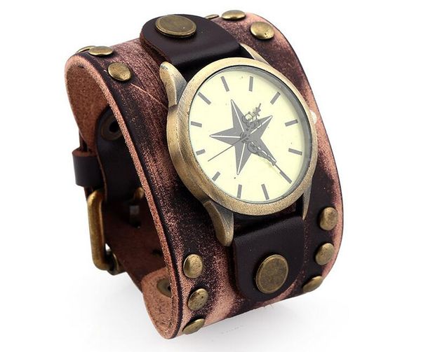100% pulsera de cuero genuino reloj remache estrella de cinco puntas pulsera ancha 52mm reloj de hombre hebilla de cinturón reloj de pulsera de cuero Retro