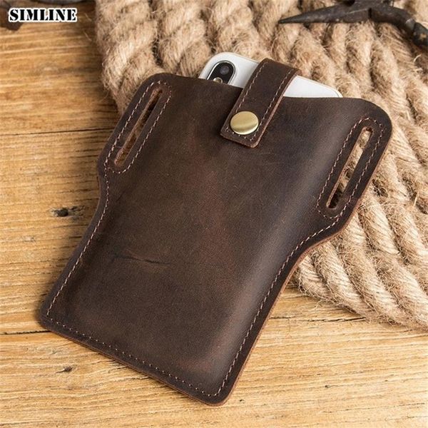 Sac à ceinture de téléphone portable à 100% en cuir authentique pour hommes mâles vintage boucle à main