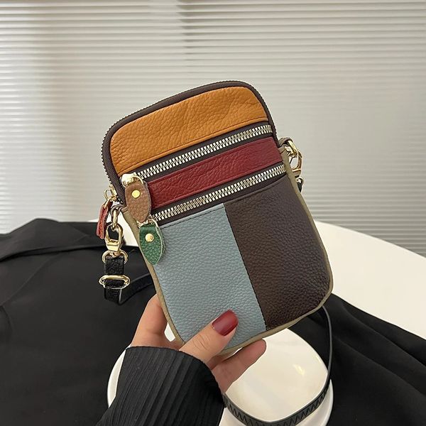 100% cuir véritable femmes sac à bandoulière Multi fermeture éclair peau de vache souple filles petit sac de téléphone portable couleur couture couleur aléatoire 240229