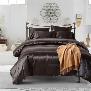 100% Goede Kwaliteit Satijn Zijde Beddengoed Sets Platte Effen Kleur UK Size 3 stks Dekbedovertrek Vlakke Plaat Pillowcase231G