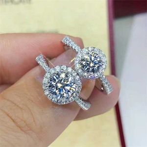 100% GRA Bagues de Fiançailles Femmes Réel Argent Sterling 2 Ct Rond Brillant Diamant Halo Mariage Fine Jewelry 220207