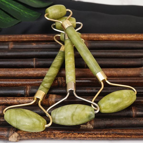 100% grado A rodillo de jade verde cara cuello masajeador adelgazante guasha gua sha kits soldadura metal sin ruido marco de aleación de zinc