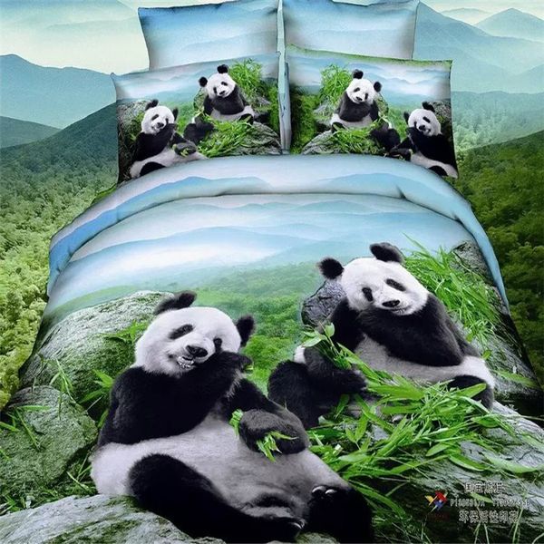 Parure de lit 100 coton 3D Panda KING, ensemble de literie vert Animal, vente en gros, queen size, 4 pièces, housse de couette loup, drap plat, vente en gros