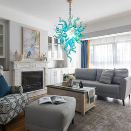 100% de accesorio a mano lobby villa deco Murano Candelier Modern Aqua Blue Glass Lámparas de techo Luz de colgante