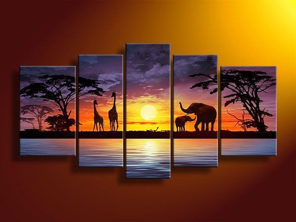 100% Peint À La Main De Haute Qualité Énorme Paysage Peinture À L'huile Sur Toile Éléphant Africain Cerf HomeWall Décor Art Moderne Peinture Décorative L