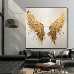 100% handgemaakte abstracte Kinfe schilderij gouden veervleugels dikke olie canvas schilderijen Nordic Wall Art foto voor woonkamer