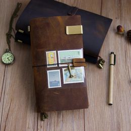100% de viajeros de cuero genuinos hechos a mano Diario de viaje diario Vintage Vintage Cowhide Gift Planner Free Lettering Emosse 240415