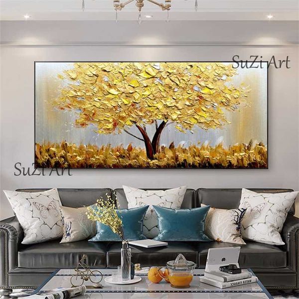 100% hecho a mano grande oro dinero árbol pintura paisaje moderno pintura al óleo sobre lienzo pared arte imagen para decoración de oficina en casa 210927