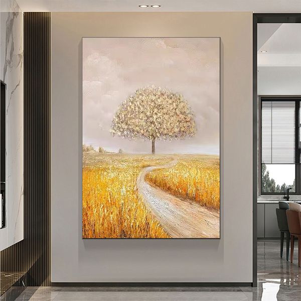 Peinture à l'huile épaisse avec arbre doré moderne abstrait, faite à la main, Texture sur toile, décoration murale pour la maison, pour salon, en cadeau, 100%