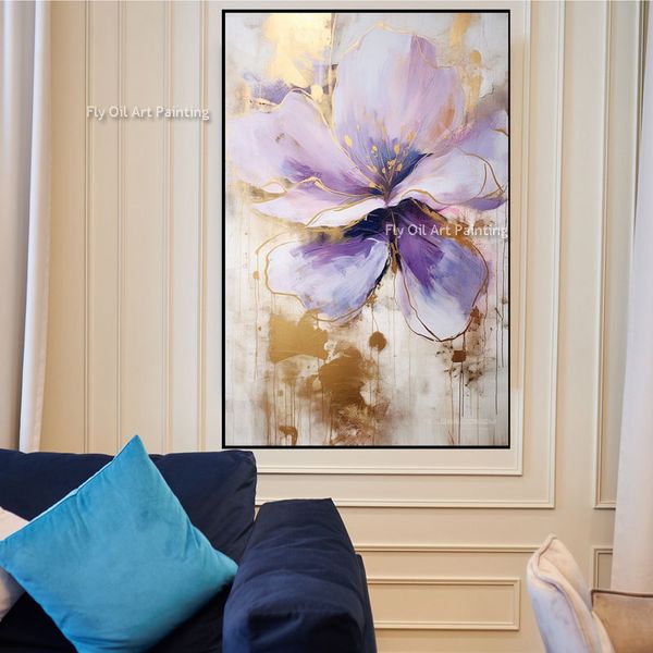 100% hecho a mano flor púrpura texturizada pintura moderna de la lona pintura al óleo abstracta decoración de la pared sala de estar arte de la pared de la oficina como el mejor regalo