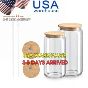 Stock de EE. UU. Tazas de vidrio de 16 oz en espacios en blanco de sublimación transparente de jarras de albañil con té de jarra de masón con té de café con tapa de bambú y paja de plástico