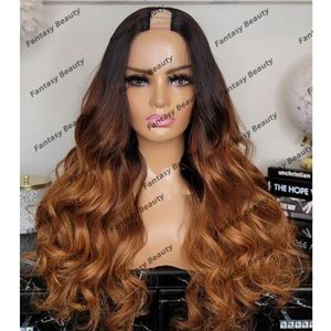 100% menselijk haar 1x4 size u onderdeelpruiken voor zwarte vrouwen gluueless 200 Density Long Loose Wave Ombre Copper Brown Middle V Deelpruiken