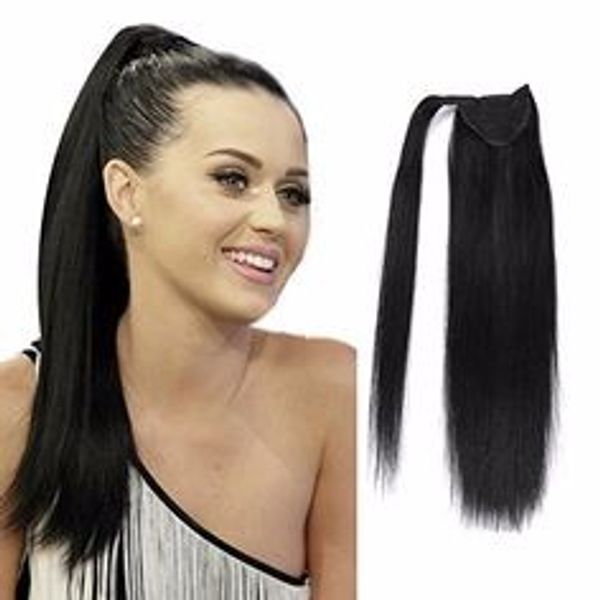 100% cabello humano 7A extensiones de cola de caballo con cordón de cabello humano liso cabello Remy virgen peruano coletas peinado 100g