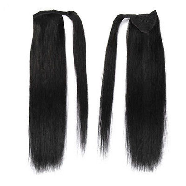 100% cabello humano 8A Cabello humano liso Extensiones de cola de caballo con cordón Cabello real Colas de caballo peruanas virgen Peinado negro azabache # 1 100 g-160 g