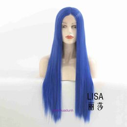 100% Human Heuving Full Lace Wigs Wig Fashion Blue Long Lmooth Sweet Hand Hook Front Synthetic Fibre Head Cover