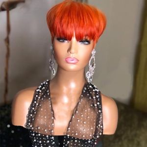 100% echt haar Pixie Short Cut Bob Wig met pony Braziliaanse rechte full lace front oranje pruik voor zwarte vrouwen