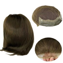 100% menselijk haar Q6 Base 4# Bruine kleur recht Braziliaans haarstuk Mannelijk Hair System kant met Pu Toupee voor mannen