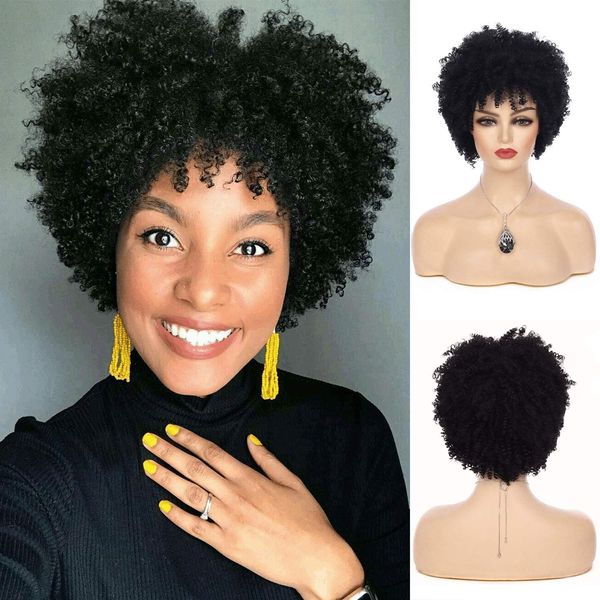 100% cheveux humains court afro crépus bouclés perruque pour fasion dame fait à la machine aucune dentelle coupe de lutin mode quotidien doux et confortable