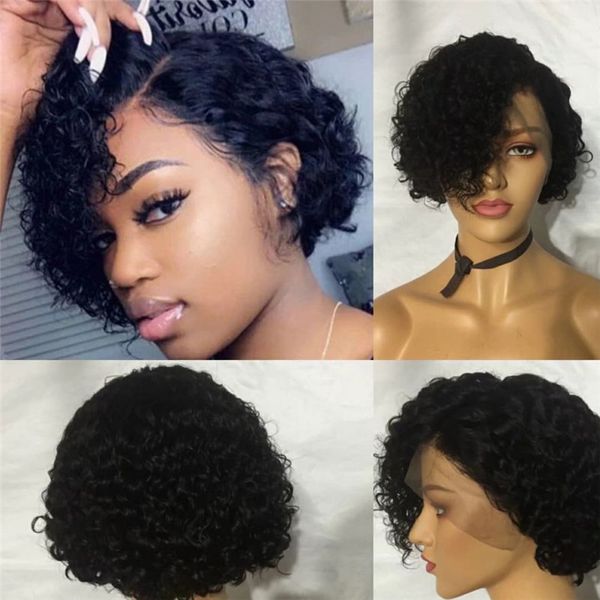 100% cheveux humains court Pixie Cut perruques couleur noire naturelle 150% densité court Bob Lace Front perruques bouclés vierge brésilien dentelle perruque