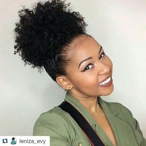 100 Menselijk Haar Topper Natuurlijke Kinky Krullend Korte Afro Bladerdeeg Trekkoord Paardenstaart Clip in Hair Extension 120G 12 inch