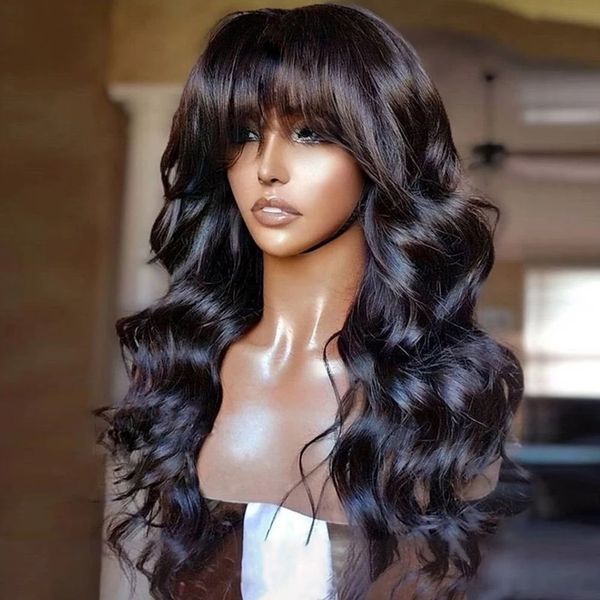 Perruque de cheveux humains 100% avec frange courte Bob dentelle frontale perruques pour femmes noires densité 150% vague de corps brésilienne 30 pouces longue perruque à franges