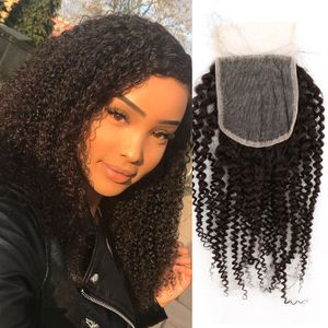 100% cheveux humains dentelle fermeture Afro crépus bouclés haut dentelle fermeture 4X4 haut fermetures pièce avec bébé cheveux partie libre noeuds blanchis