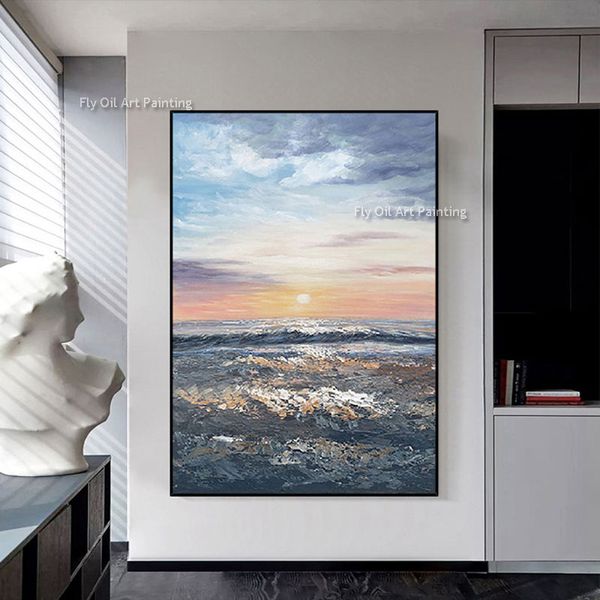 100% grande peinture à l'huile de l'océan bleu sur toile Art mural de paysages marins plage moderne pour vivre art mural de coucher de soleil or pour le décor de salon