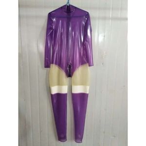 100% Latex Ru.Bber Unisexe Purple et blanc Transparent Catsuit Taille XS-XXL