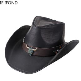 Chapeau de Cowboy occidental en cuir pour hommes et femmes, chapeaux de parrain à large bord, pour hommes et femmes, église Sombrero Hombre Jazz, 100%, 240202