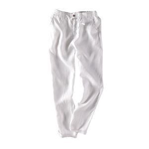 100% lin hommes pantalons décontractés solide blanc droit respirant mode confortable pleine longueur mâle pantalon été vêtements amples 210715