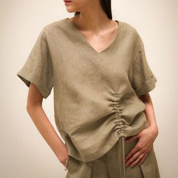 100% lin couleurs solides pour femmes vneck shortsleeved tshirt trawstring coaster dames tops 240409