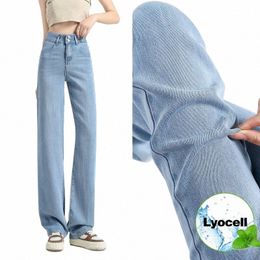 100% Lyocell Mujeres Jeans Verano Thin Ice Silk Dra Baggy Pierna ancha Y2K Pantalones de mezclilla Alta calidad Fi Ropa femenina coreana E98H #