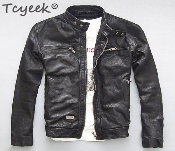 100 Chaqueta de cuero genuino para hombre, chaqueta de motociclista de color negro y marrón con oveja auténtica para hombre, ropa para hombre para primavera y otoño 2208135608731