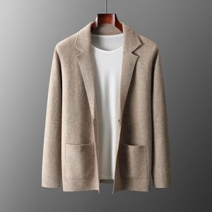 100% laine mérinos hommes costume col tricoté Cardigan automne hiver épaissi couleur unie costume chemise cachemire veste pull 240202