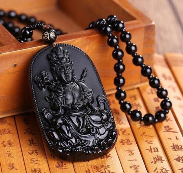 Pendentif porte-bonheur + collier en obsidienne noire 100% naturelle sculptée à la main Kwan-yin